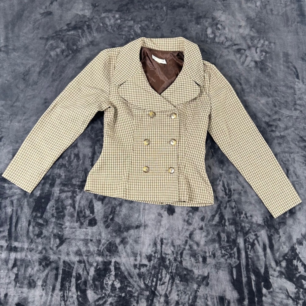 Alyn Paige Blazer Women 9/10 Tan Brown Plaid Double Breasted Made in USA 2876